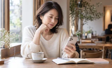 カフェでスマートフォンを見る女性