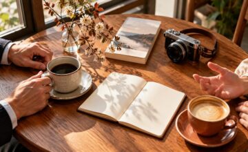 カフェのテーブルでコーヒーを囲み、趣味の会話を楽しむ二人の手元