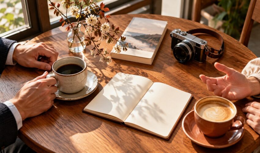 カフェのテーブルでコーヒーを囲み、趣味の会話を楽しむ二人の手元
