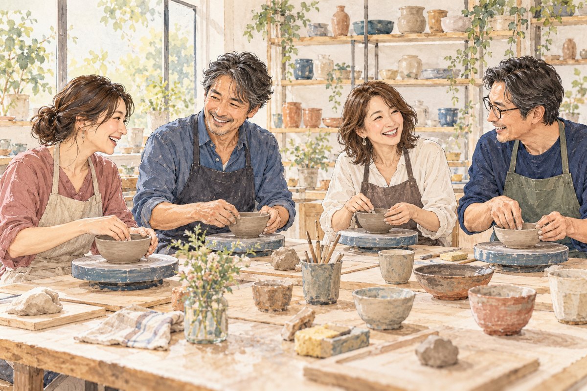 陶芸教室で趣味を楽しみながら会話する大人たちのイラスト