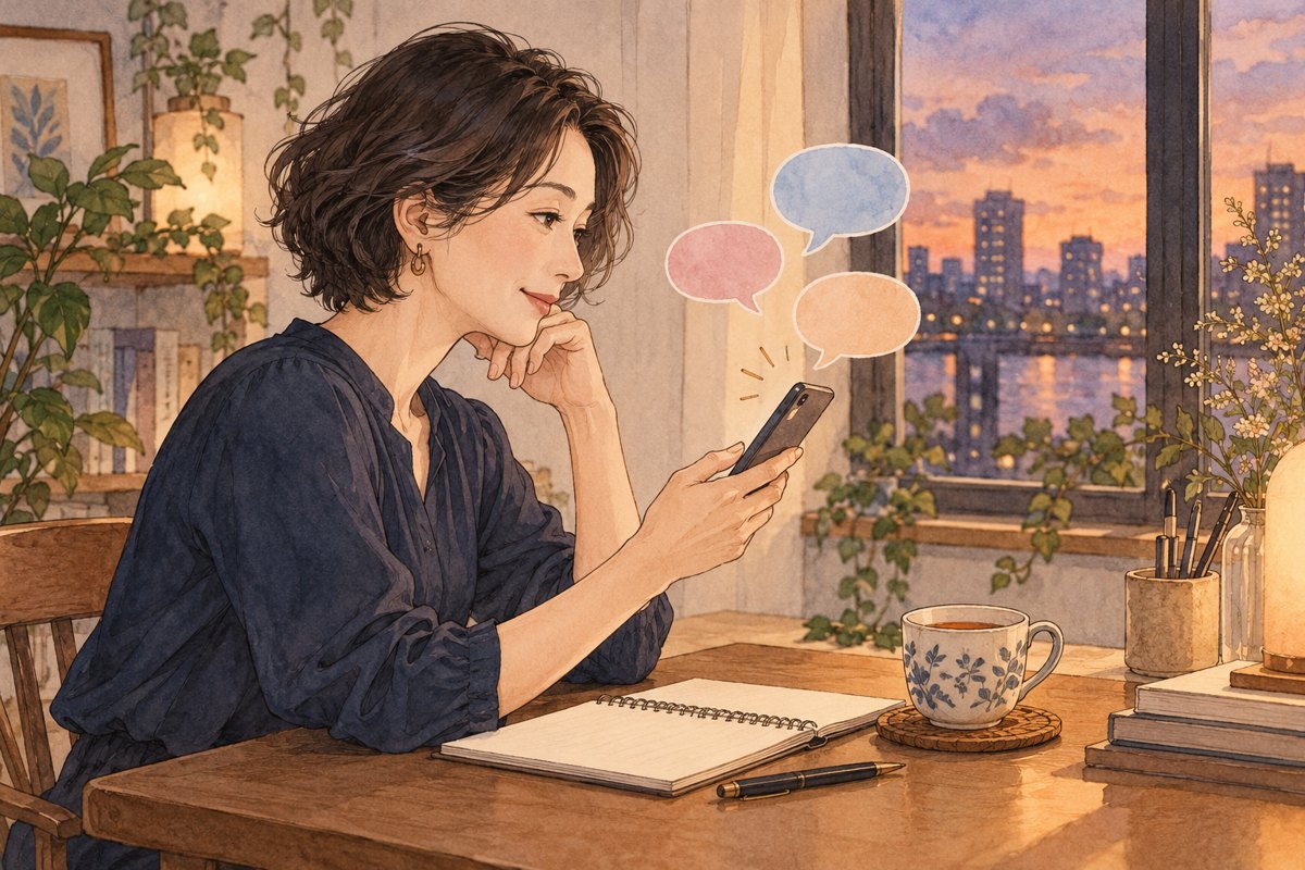 スマートフォンでメッセージを読み、相手を知っていく女性のイラスト