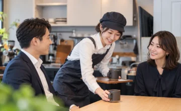 カフェでスタッフから飲み物を受け取る男女