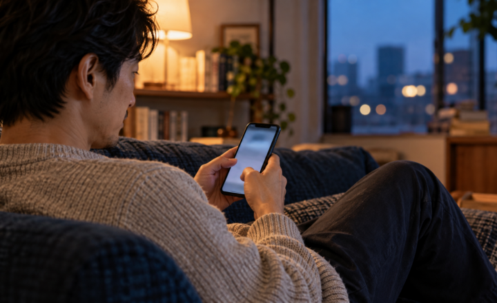 夕暮れの自宅でソファに座り、スマートフォンでメッセージを考える男性