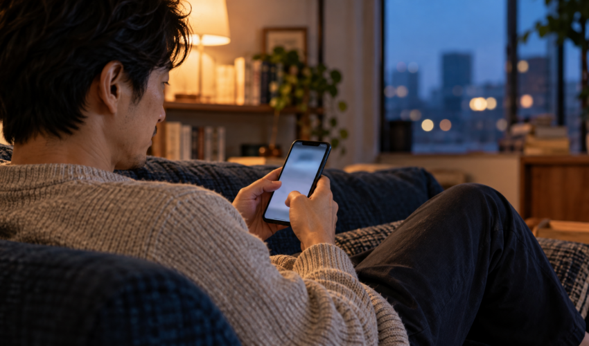 夕暮れの自宅でソファに座り、スマートフォンでメッセージを考える男性