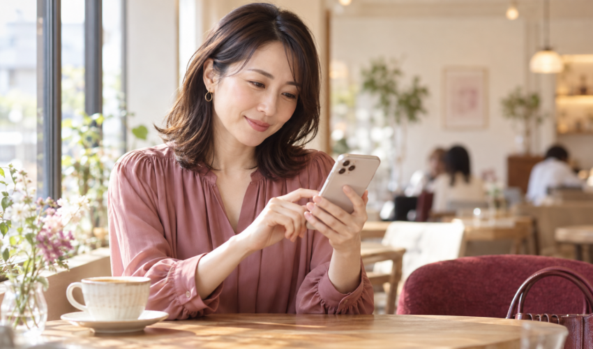 明るいカフェでスマートフォンを手にメッセージを考える女性のイメージ