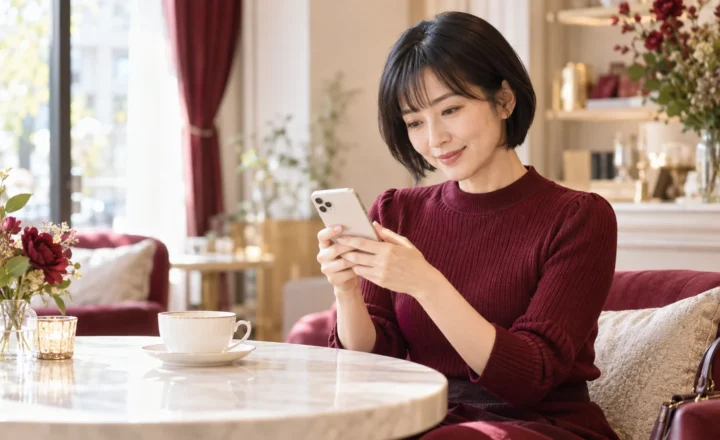 ボルドーの服を着たショートボブの女性がスマートフォンを確認するイメージ
