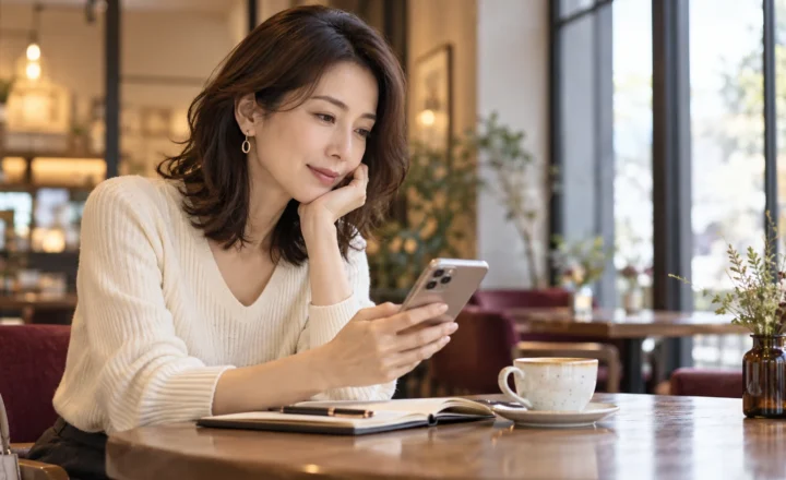 カフェでスマートフォンを確認する女性のイメージ