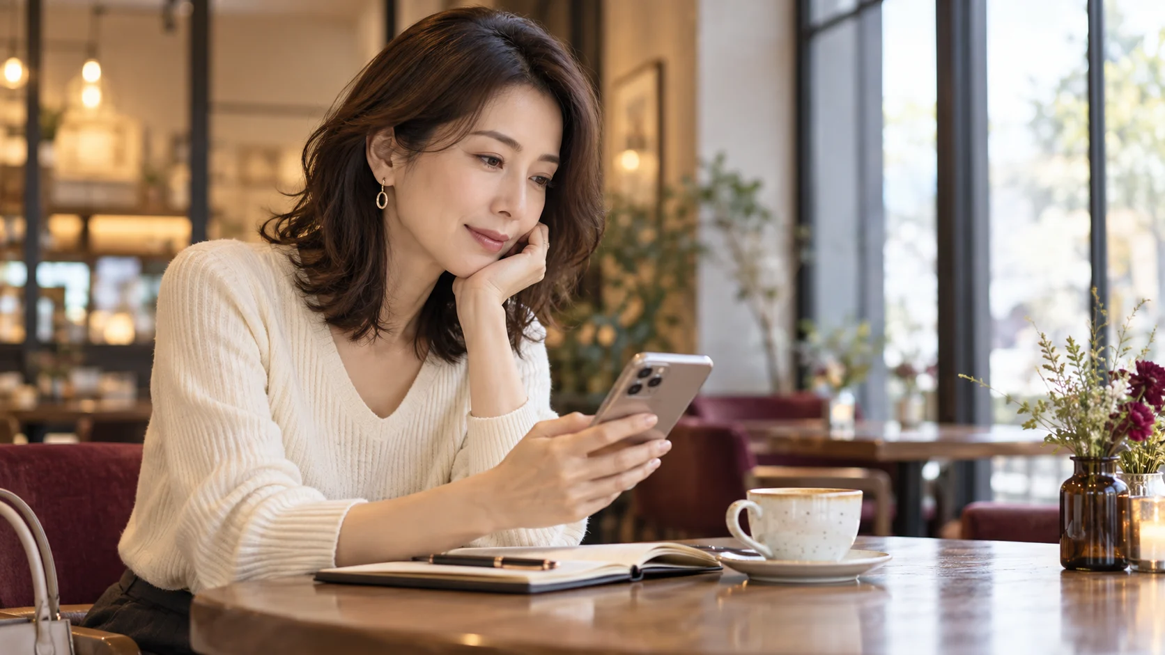 カフェでスマートフォンを見ながら、自分に合った交流の仕方を考える女性のイメージ