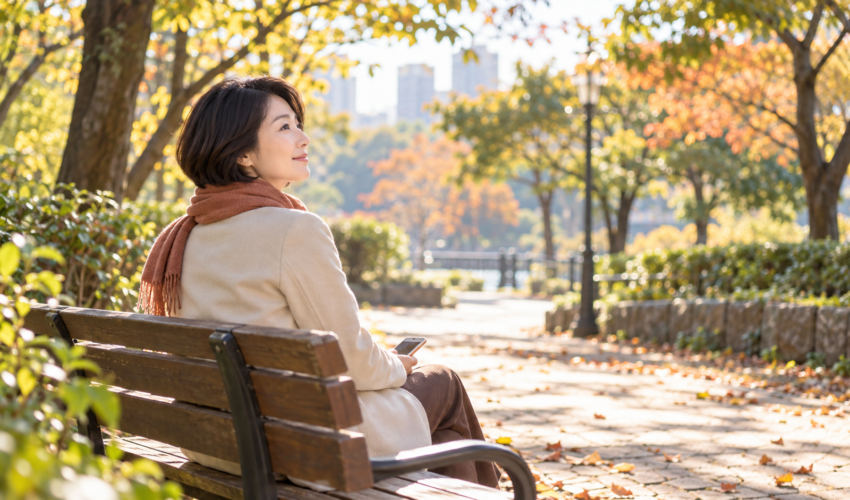 木漏れ日の公園のベンチで、スマートフォンを手に穏やかに過ごす女性