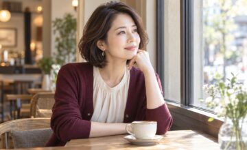 カフェの窓辺で頬に手を添え、考えごとをするボブヘアの女性