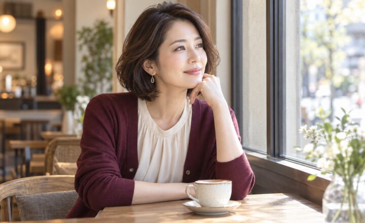 カフェの窓辺で頬に手を添え、考えごとをするボブヘアの女性