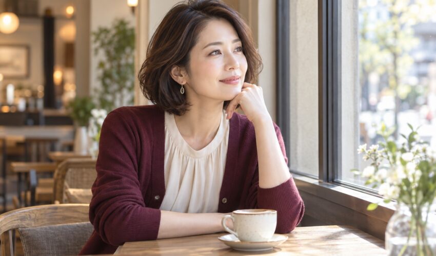 カフェの窓辺で頬に手を添え、考えごとをするボブヘアの女性