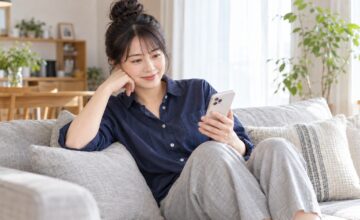自宅のソファでスマートフォンを見る、まとめ髪とネイビーのシャツの女性