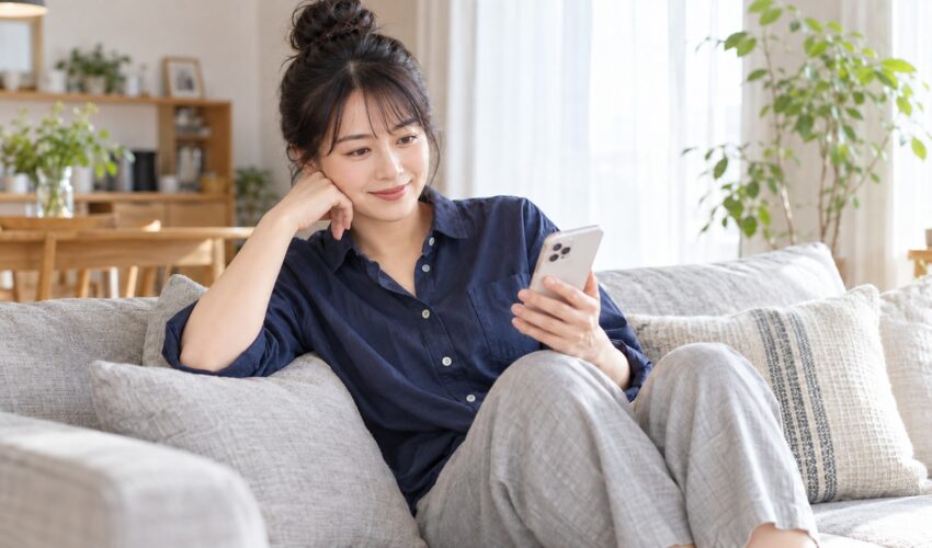 自宅のソファでスマートフォンを見る、まとめ髪とネイビーのシャツの女性